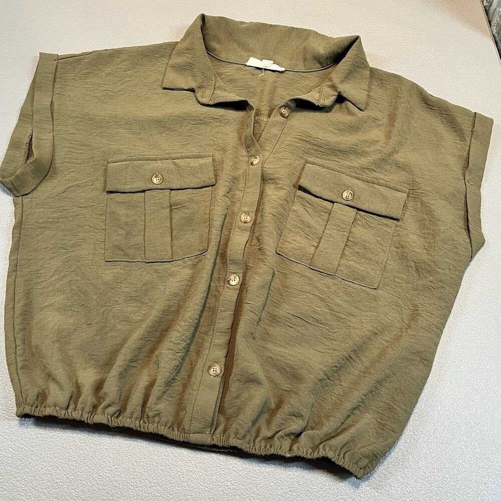 Button Up Shirt Sz Large Green Short Sleeve Top Gorpcore Military Pie In The Sky